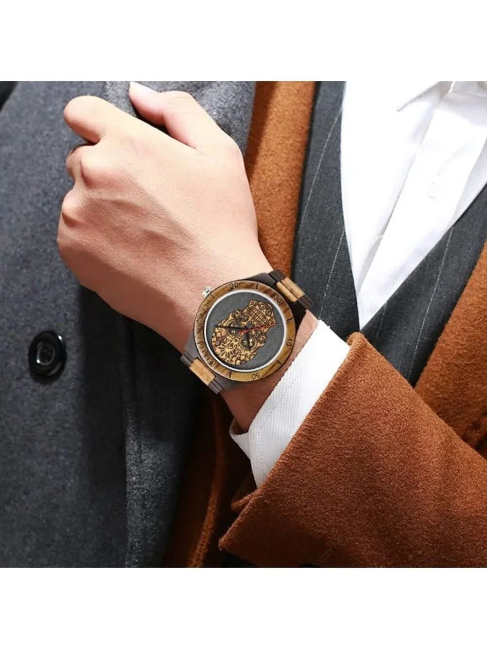 Men's Black&Brown 100% Manual Retro Wrist Analog Quartz Handmade Wooden Watch